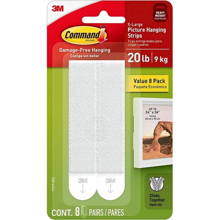 Command 20 lb X-Large Picture Hanging Strips, 8 Pairs White Command Strips Heavy Duty Picture Hanger