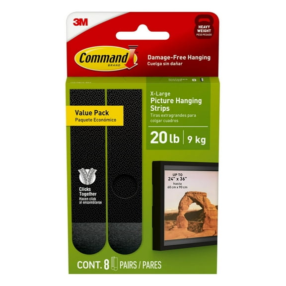 Command 20 lb XL Heavyweight Picture Hanging Strips 8 Pairs 16 Command Strips, Damage Free Hanging Picture Hangers, Heavy Duty Great for Home Decor, Black Adhesive