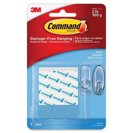 Command-2PK Refill Strips, Removable, Holds Up To 2 Lbs, 0.63 X 1.75, Clear, 9/Pack