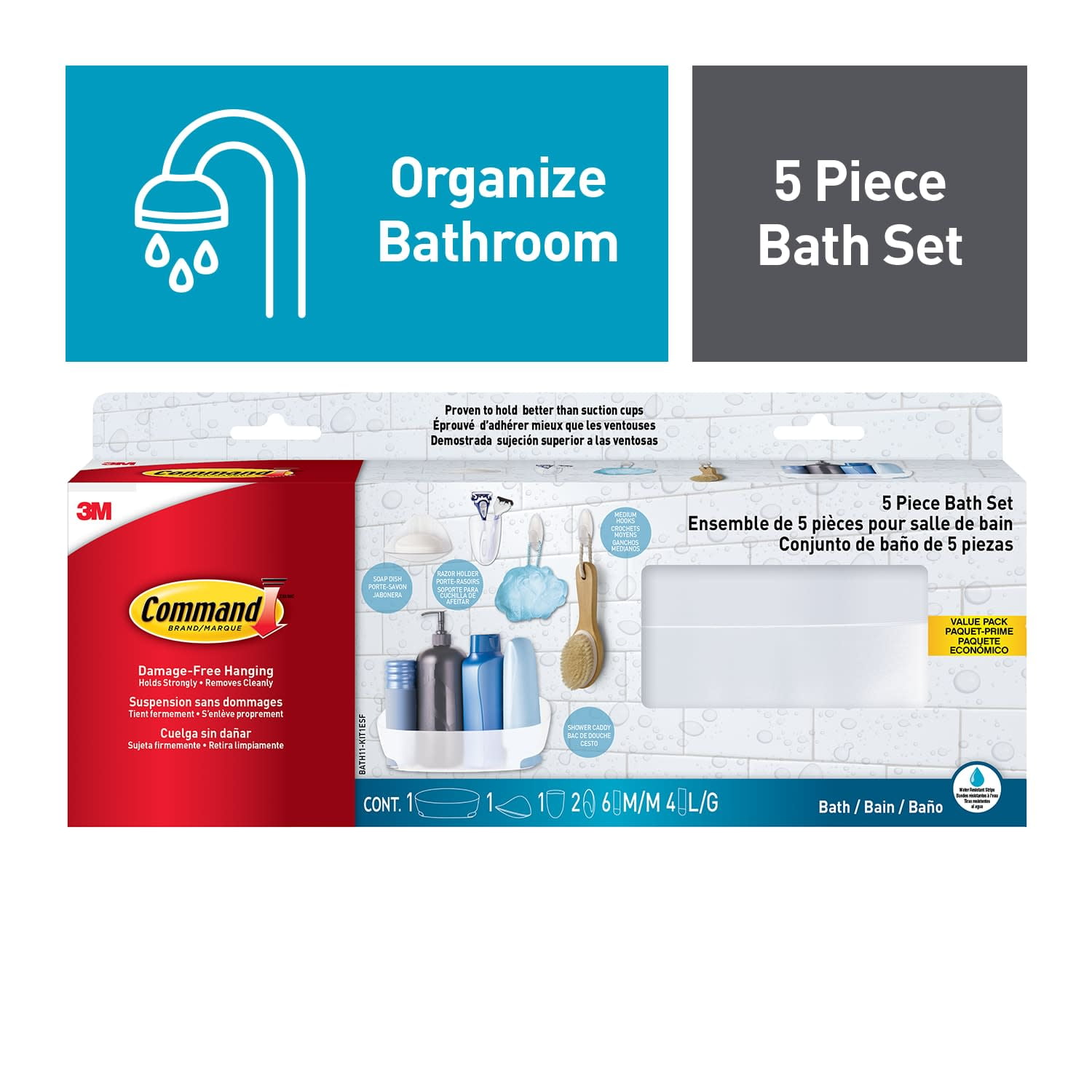 Command 5 Piece Bath Set, 1 Caddy, 1 Soap Dish, 1 Razor Holder, 2 Medium Hooks