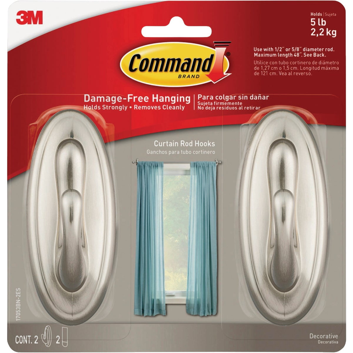 Command 5 lb Large Brushed Nickel Color Hooks, 2-Pack of 2 Wall Hooks and 2 Strips, Damage Free Coat Hooks with Adhesive Strips, Traditional Hooks for Hanging Christmas Decorations