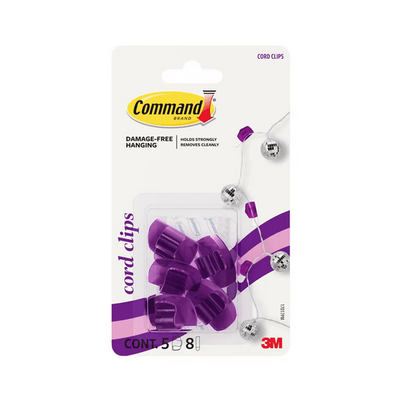 Command 5pk Damage-Free Transparent Cord Clips Candied Plum