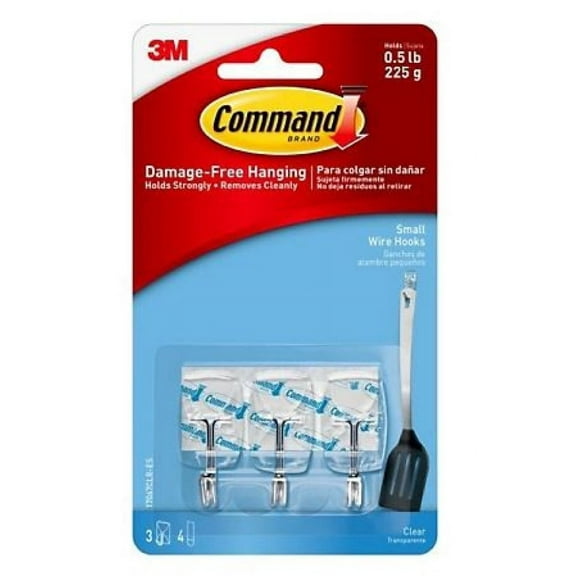 Command 7100217716 Small Clear Wire Hooks with Clear Strips 3-Pack, Up to 1/2 lb
