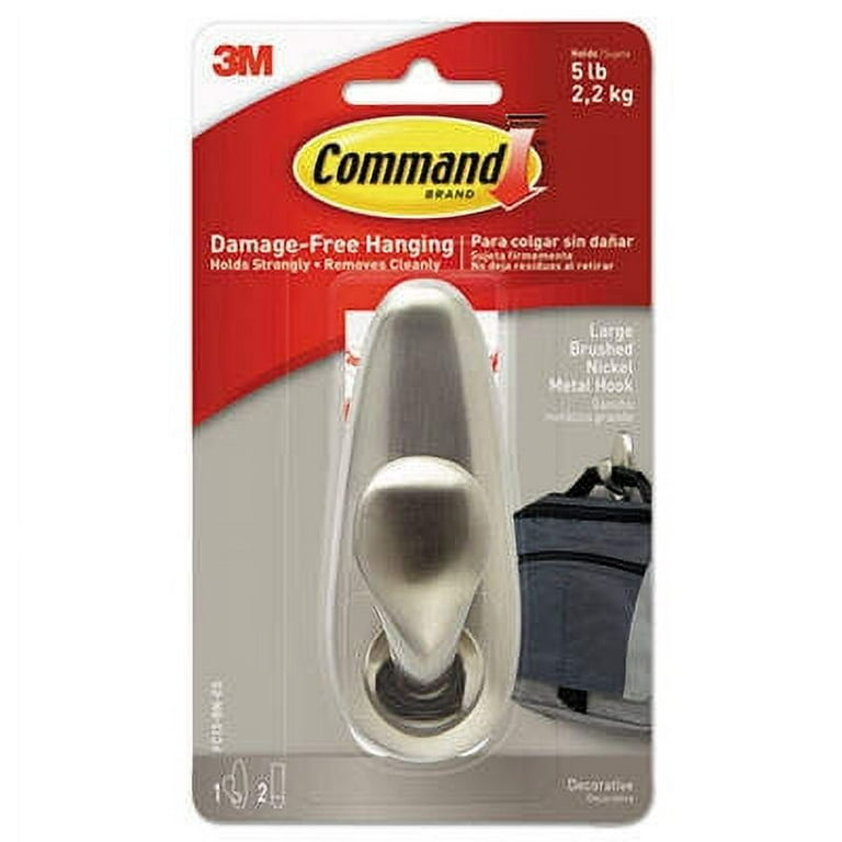 Adhesive Mount Metal Hook, Large, Double Hook, Brushed Nickel Finish, 4 lb Capacity, 1 Hook and 2 Strips