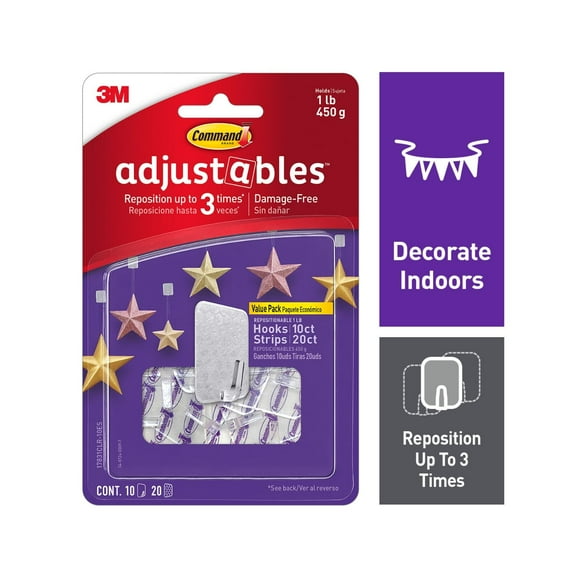 Command Adjustable Repositionable Hooks, 10 Hooks, 20 Strips