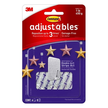 Command Adjustable Repositionable Hooks, 4 Hooks, 8 Strips