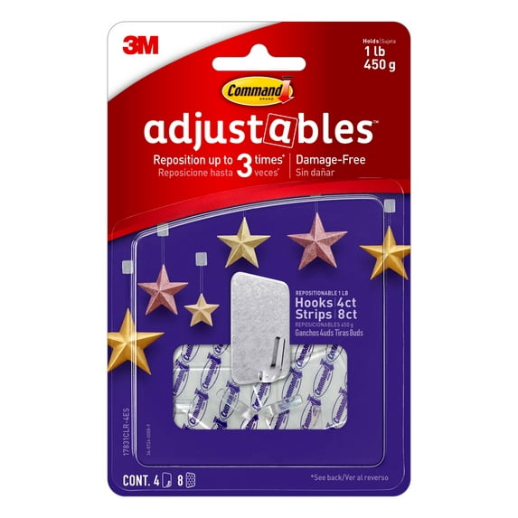 Command Adjustable Repositionable Hooks, 4 Hooks, 8 Strips