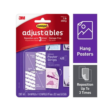 Command Adjustable Repositionable Poster Strips, 48 Strips Per Pack