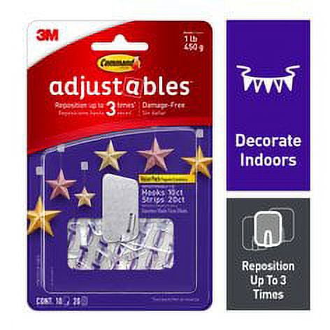 Command Adjustables Repositionable 1 lb Hooks, 10 Hooks, 20 Strips, 17831CLR-10ES