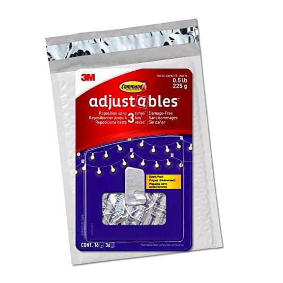 Command Adjustables Repositionable Clips, Clear, 1/2 lb. Capacity, 16-Clips, 36-Strips, Decorate Damage-Free