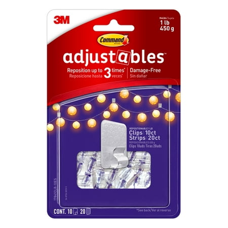 Command Adjustables Repositionable Clips, Clear, 10 Wall Clips