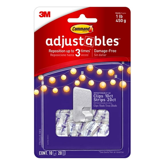 Command Adjustables Repositionable Clips, Clear, 10 Wall Clips