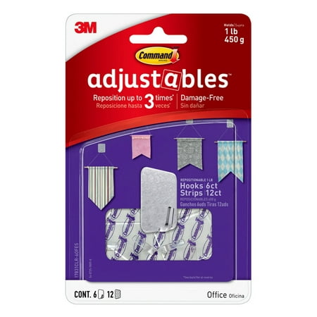 Command Adjustables Repositionable Hooks, Clear, 6 Wall Hooks