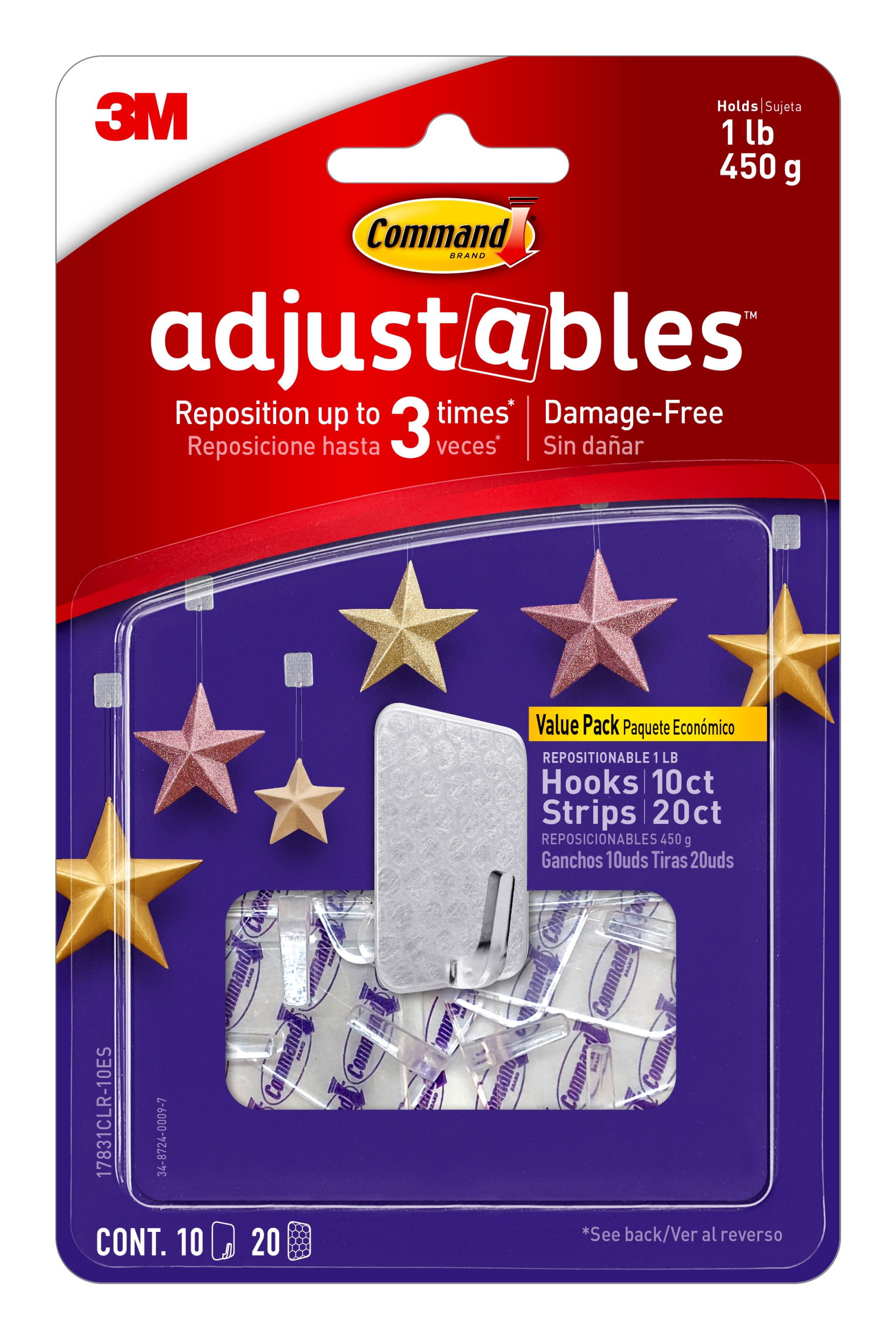 Command Adjustables Repositionable Hooks, Clear, Use to Hang Christmas  Decor, 10 Wall Hooks 