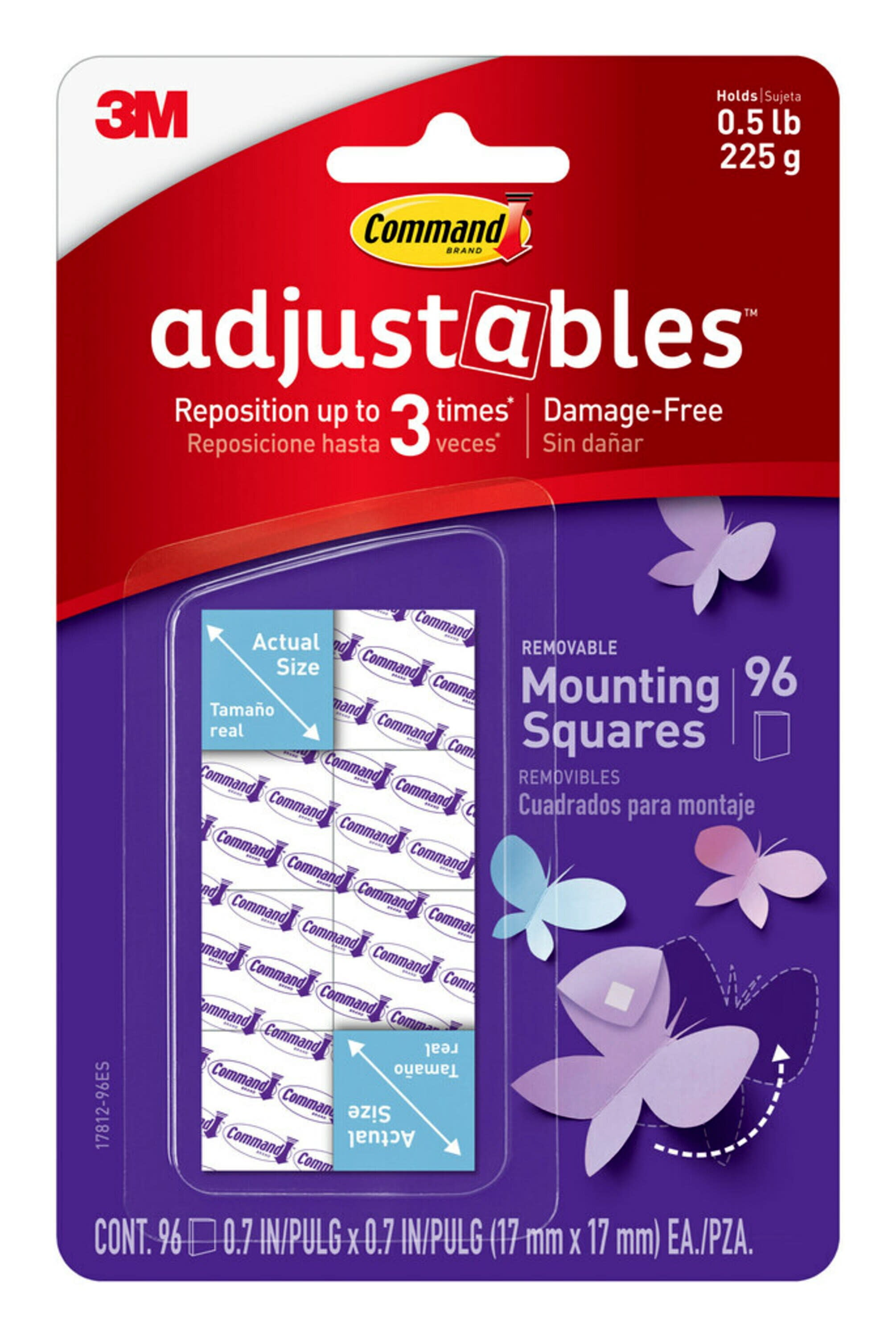 Command Adjustables Repositionable Mounting Squares 17812-96ES, 96 Squares