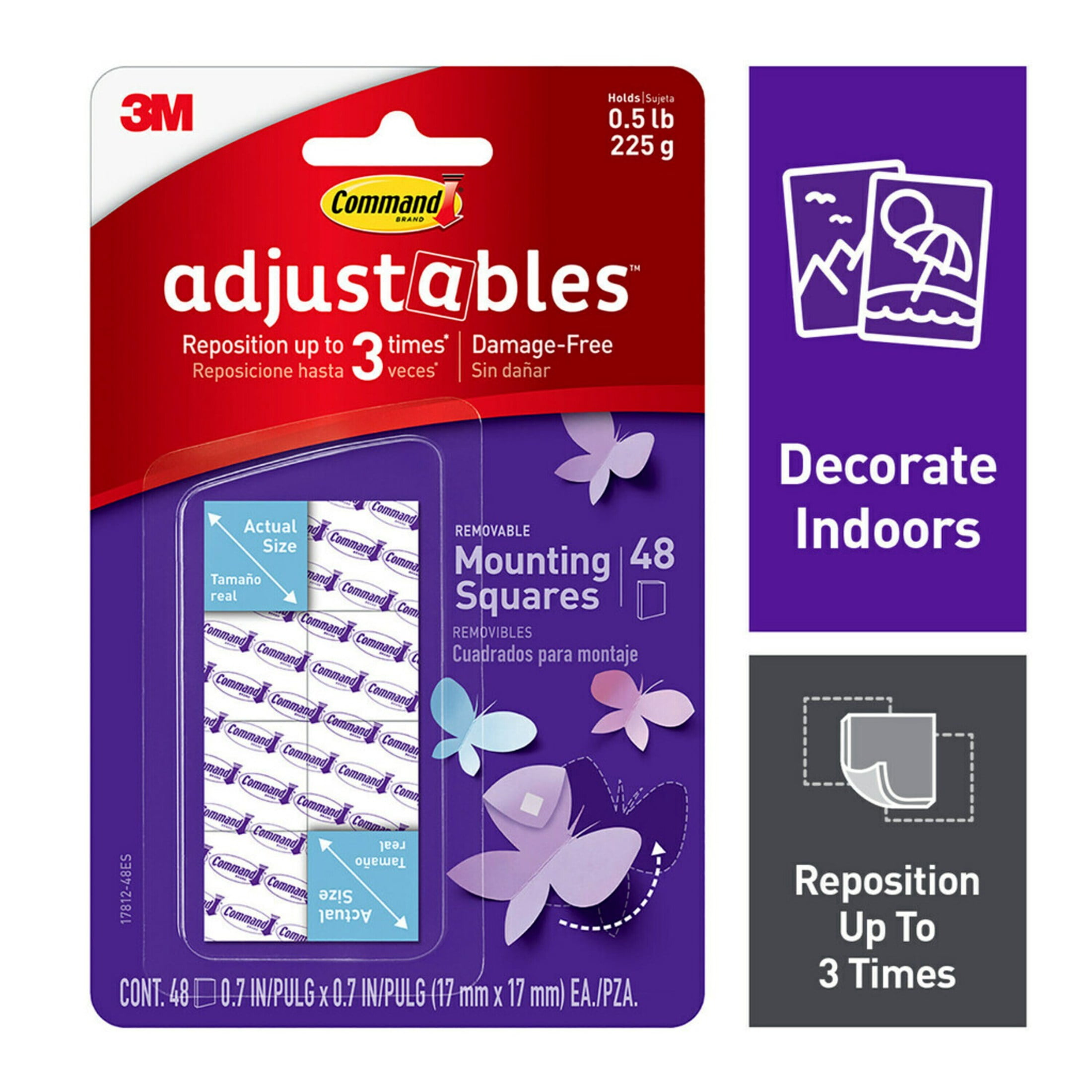 Command Adjustables Repositionable Mounting Squares, 48 Squares, Clear, 3/4" Squares