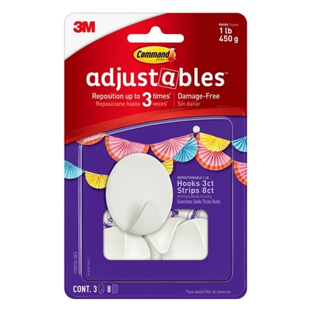 Command Adjustables Repositionable Quartz Hooks, 3 Wall Hooks