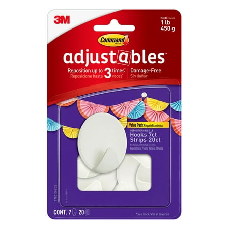 Command Adjustables Repositionable Quartz Hooks, 7 Wall Hooks