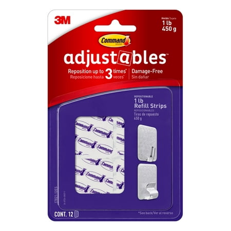 Command Adjustables Repositionable Refill Strips for Adjustables Hooks & Clips, 12 Wall Strips