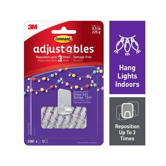 Command Adjustables Repositionable Wall Hook, Clear, Hold 0.5 lb, 6 Clips, 12 Strips