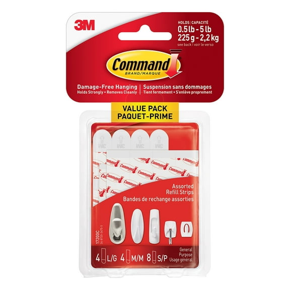 Command Assorted Refill Strips, White, 8 Small 4 Medium 4 Large Strips