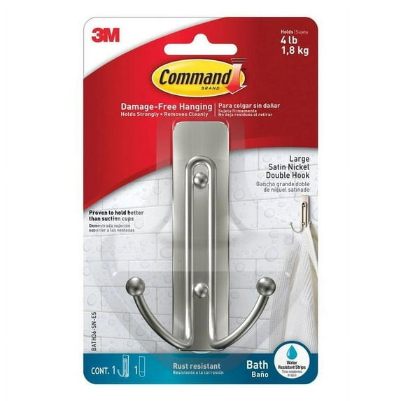 Command Large Double Bathroom Wall Hook, Damage Free Hanging Bath Hook with Adhesive Strip, Double Hook for Hanging Bath Towels, 1 Satin Nickel Colored Wall Hook and 1 Water-Resistant Command Strip