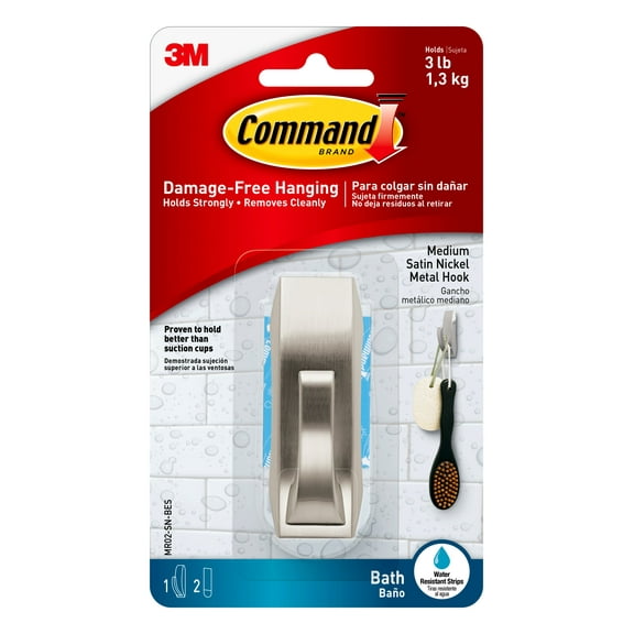 Command Modern Reflections Hook with Water-Resistant Strips, Brushed Nickel, Medium, 1 Hook, 2 Strips/Pack