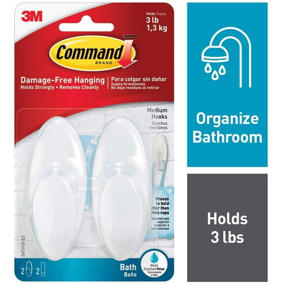 Command Bath Hook, Medium, Clear Frosted, 2-Hooks, 2-Medium Water Resistant Strips BATH18-ES