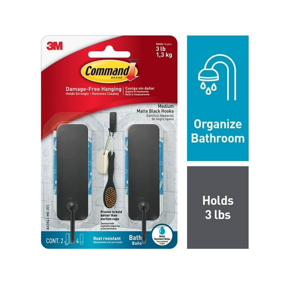 Command Bath Hook, Medium, Matte Black, 2 Hooks 4 Strips per Pack, Bathroom Organization