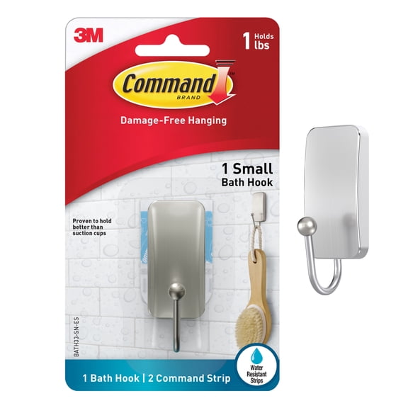 Command Bath Hook, Satin Nickel, 1 Small Hook, 2 Medium Water-Resistant Strips/Pack