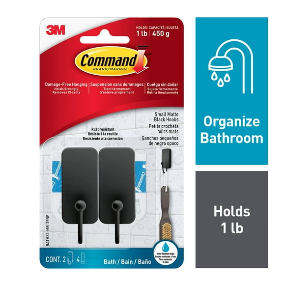 Command Bath Hook, Small, Matte Black, 2 Wall Hooks,  Bathroom Organization
