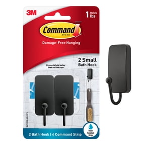 Command Bath Hook, Small, Matte Black, 2 Wall Hooks, Bathroom Organization
