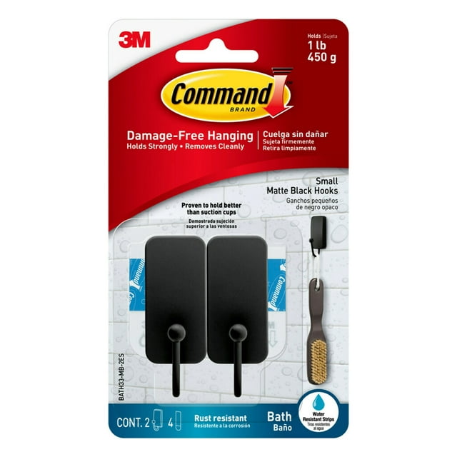 Command Bath Hook, Small, Matte Black, 2 Wall Hooks, Bathroom