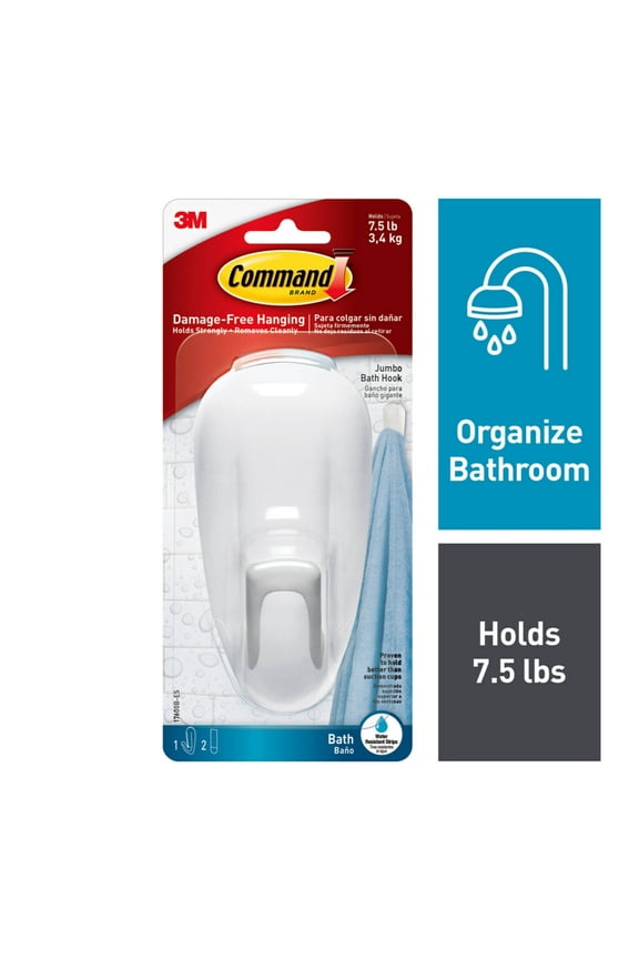Bath Hook, White, Large, 1 Wall Hook, 2 Water Resistant Strips, Hang Robes or Loofahs