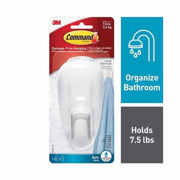 Command Bath Hook, White, Large, 1 Wall Hook, 2 Water Resistant Strips, Hang Robes or Loofahs
