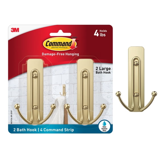Command Bath Large Brass Finish Double Hook 2 Pack