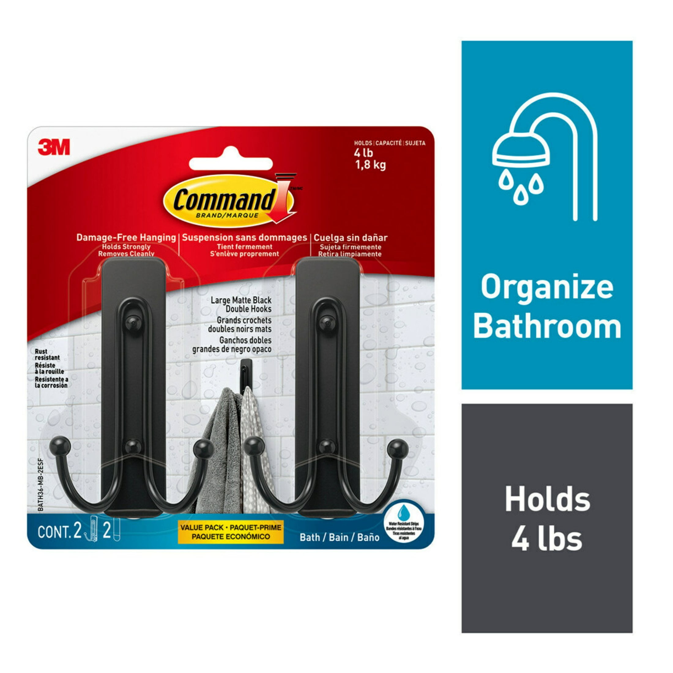 Command Bath Large Matte Black Double Hooks, 2pk