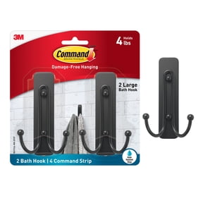 Command Large Double Bathroom Wall Hook, Black, Damage Free Hanging, 2 Metal Hooks