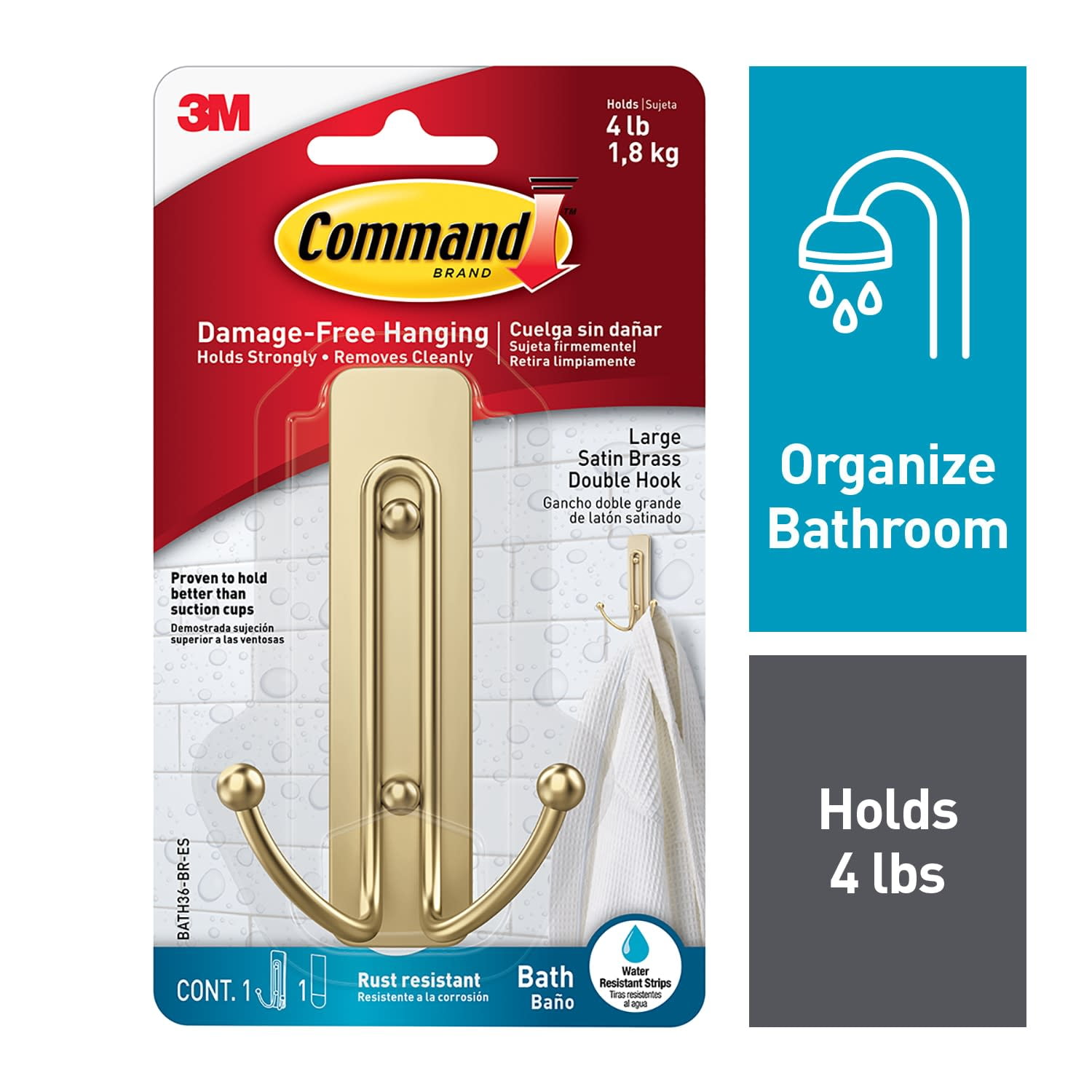 Large Satin Brass Double Hook for Bathroom Organization