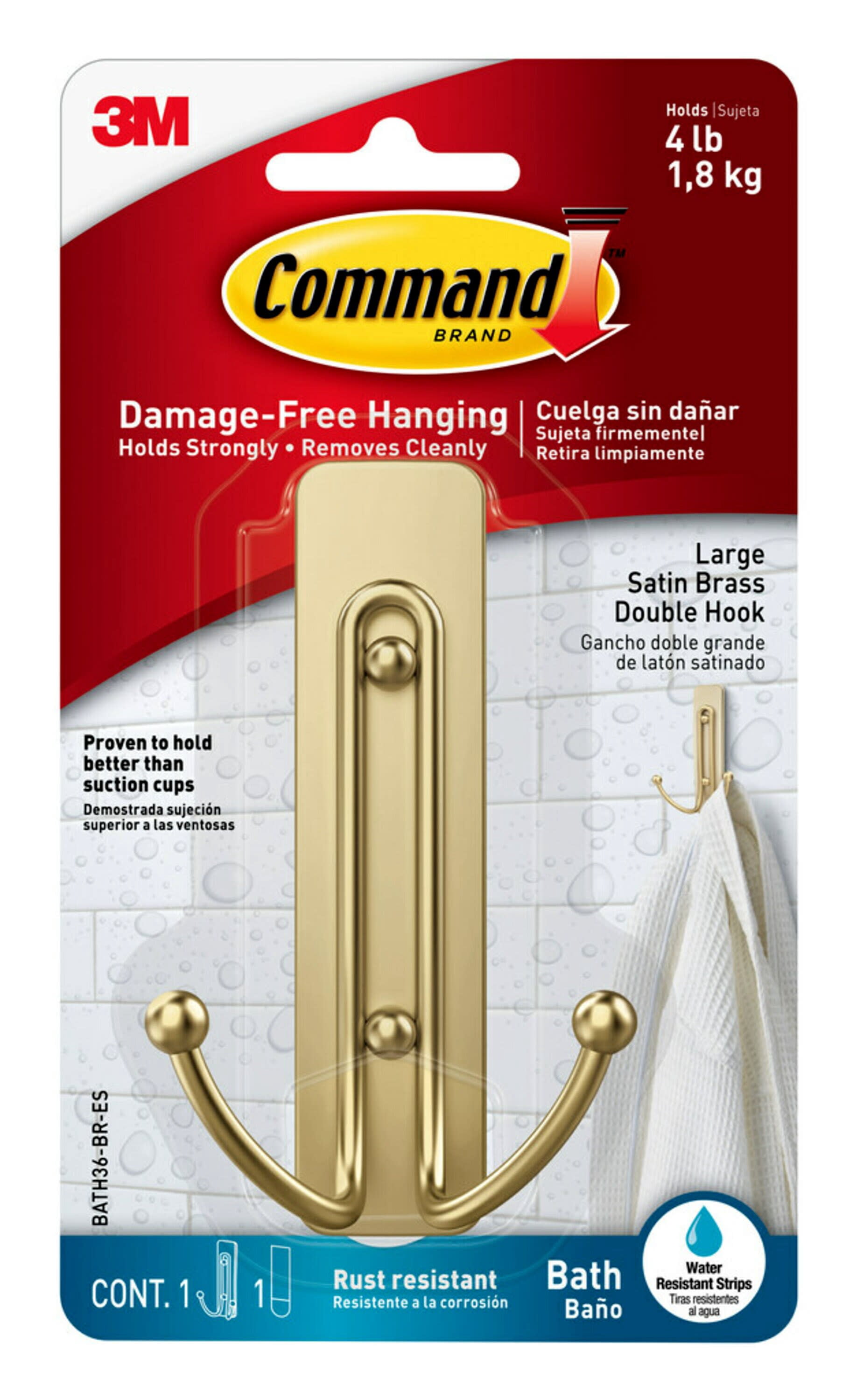 Command Bath Large Satin Brass Hook, Bathroom Organization - Walmart.com