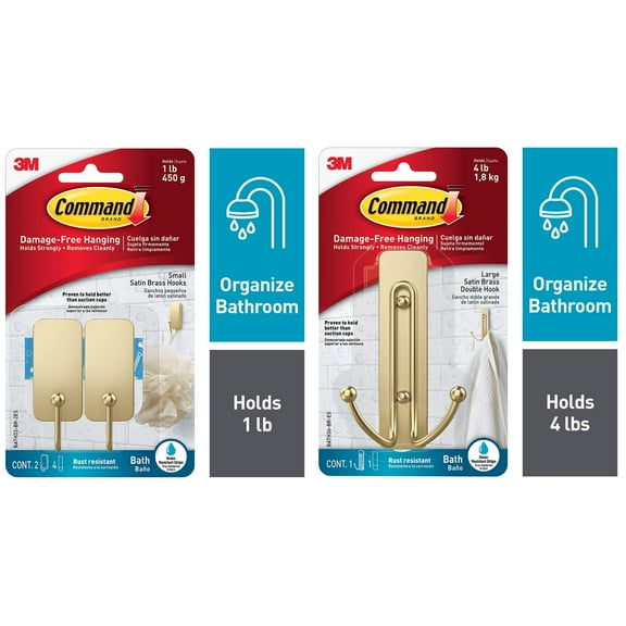 Command Bath Large Satin Brass Hook and Command Bath Small Brass Finish Double Hook 2 Pack