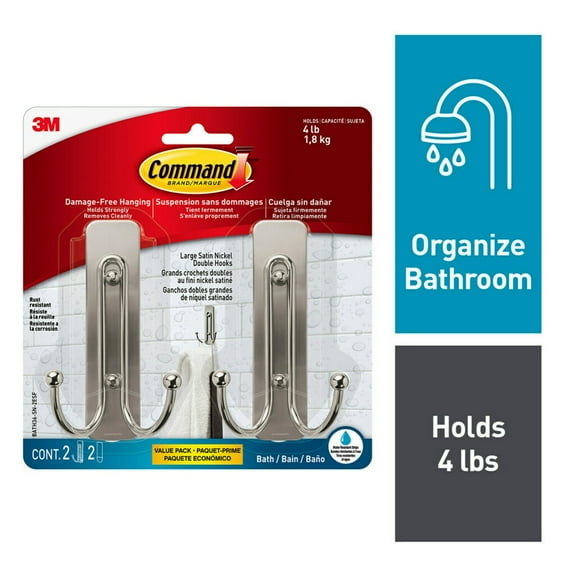 Command Bath Large Satin Nickel Double Hooks, 2pk