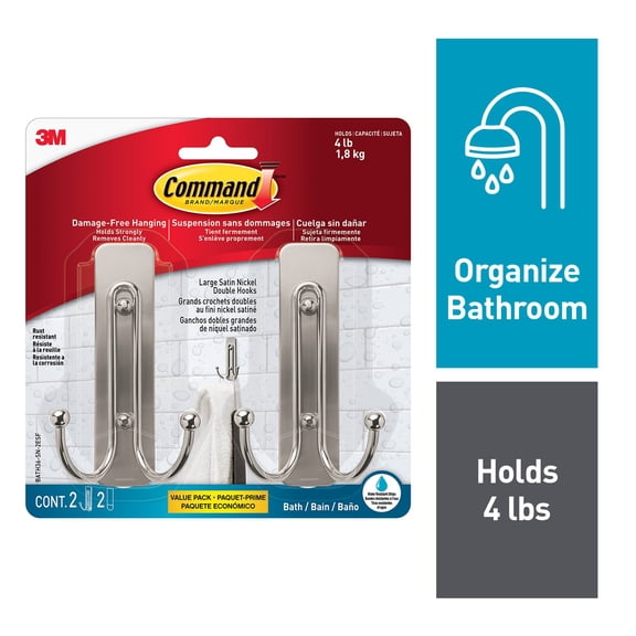 Command Bath Large Satin Nickel Double Hooks, 2pk