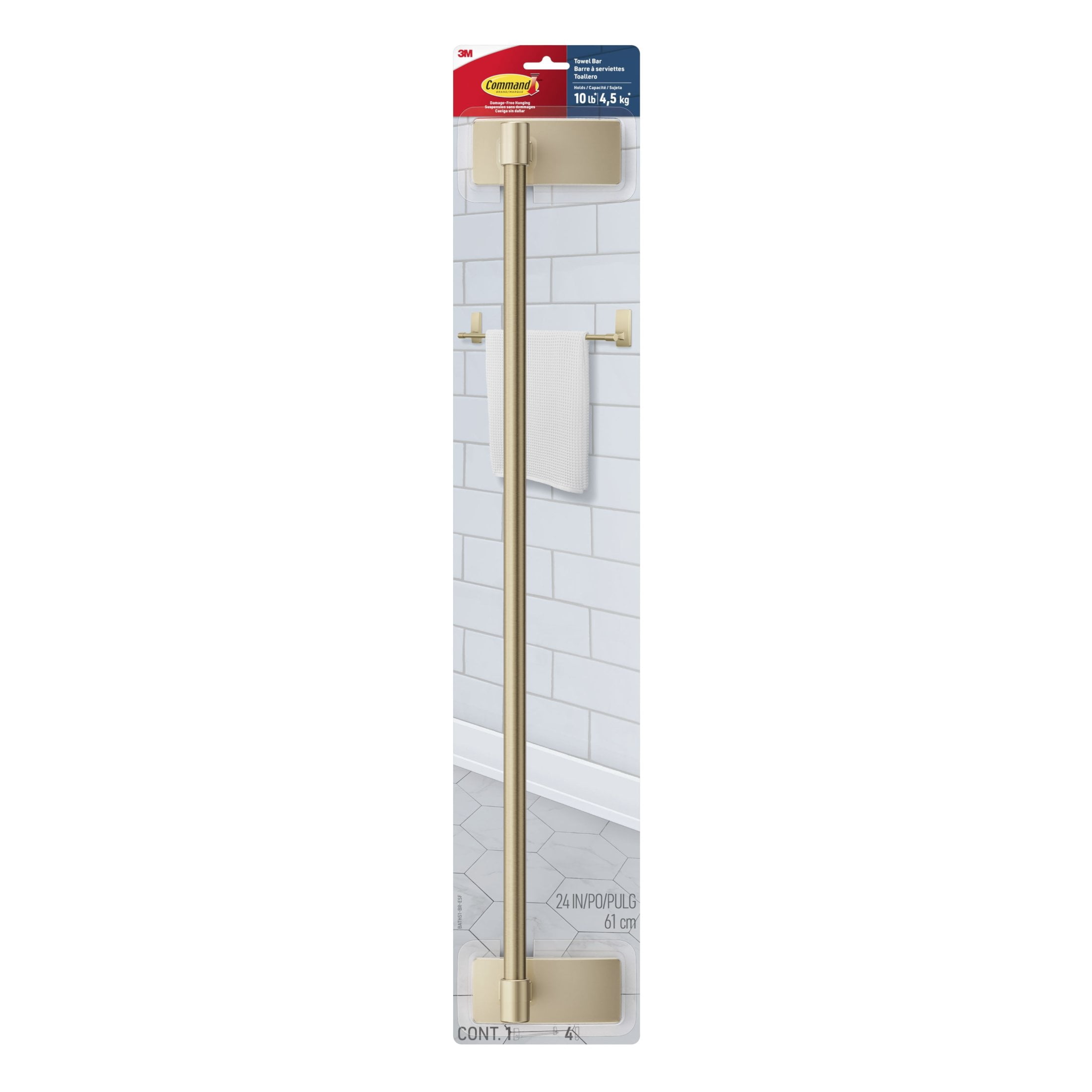 Command Bath Towel Bar, Brass, Holds 10 lbs, 1 Towel Bar, 4 Adhesive Strips