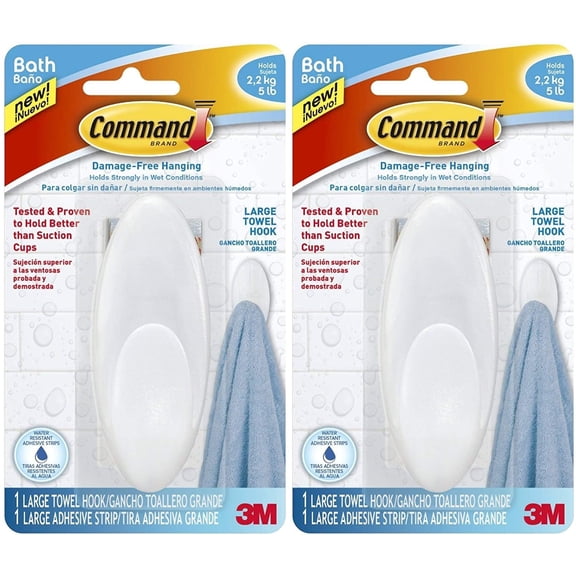 Command Bath Large Towel Hook - Adhesive Damage Free, Frosted - 2 Pack, Large, White