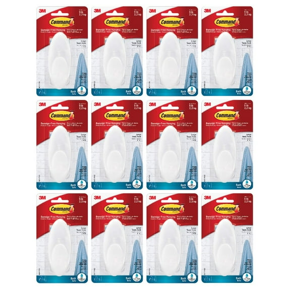 Command Bath Large Towel Hook Frosted Plastic - Wall Mount, Self-Adhesive - 12 Pack