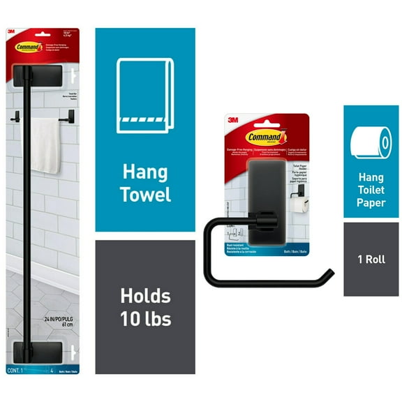 Command Bath Matte Black Towel Bar and Command Bath Matte Black Toilet Paper Holder