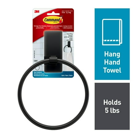 Command Bath Matte Black Towel Ring, 1 Towel Ring, Holds 5 lbs, 2 Strips, Adhesive Mount