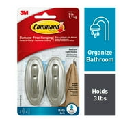 Command Bath Medium Hooks, Brushed Nickel, 2 Wall Hooks, 4 Water Resistant Strips