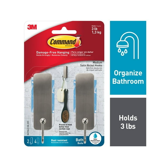 Command Bath Medium Hooks, Satin Nickel, 2 Wall Hooks, 4 Water Resistant Strips, Bath Organization